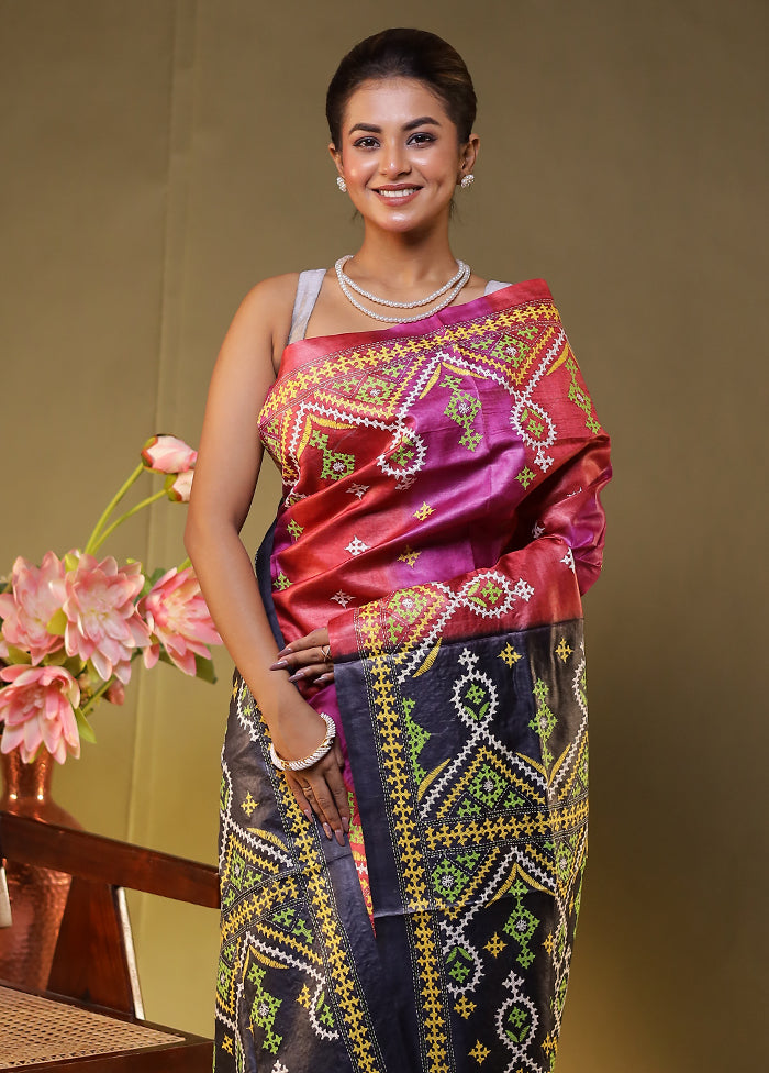 Black Handloom Kantha Stitch Pure Silk Saree With Blouse Piece