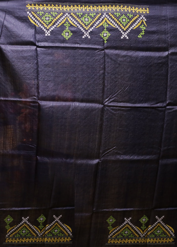 Black Handloom Kantha Stitch Pure Silk Saree With Blouse Piece