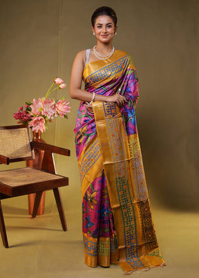 Yellow Handloom Kantha Stitch Pure Silk Saree With Blouse Piece