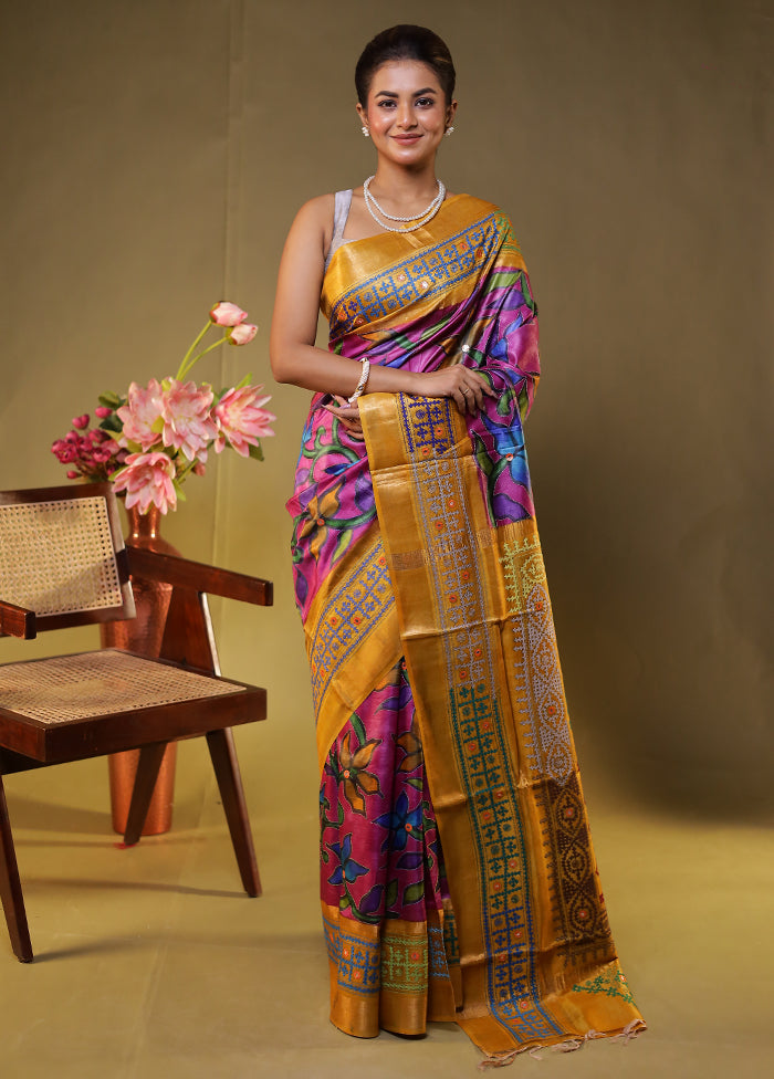 Yellow Handloom Kantha Stitch Pure Silk Saree With Blouse Piece