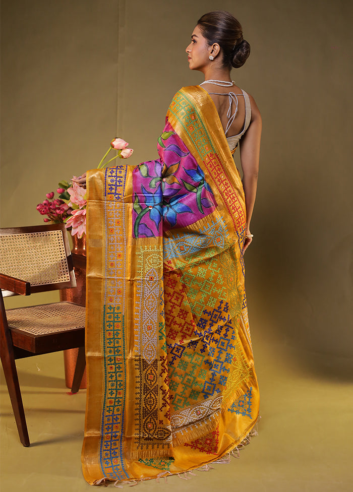 Yellow Handloom Kantha Stitch Pure Silk Saree With Blouse Piece