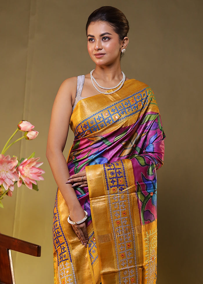 Yellow Handloom Kantha Stitch Pure Silk Saree With Blouse Piece