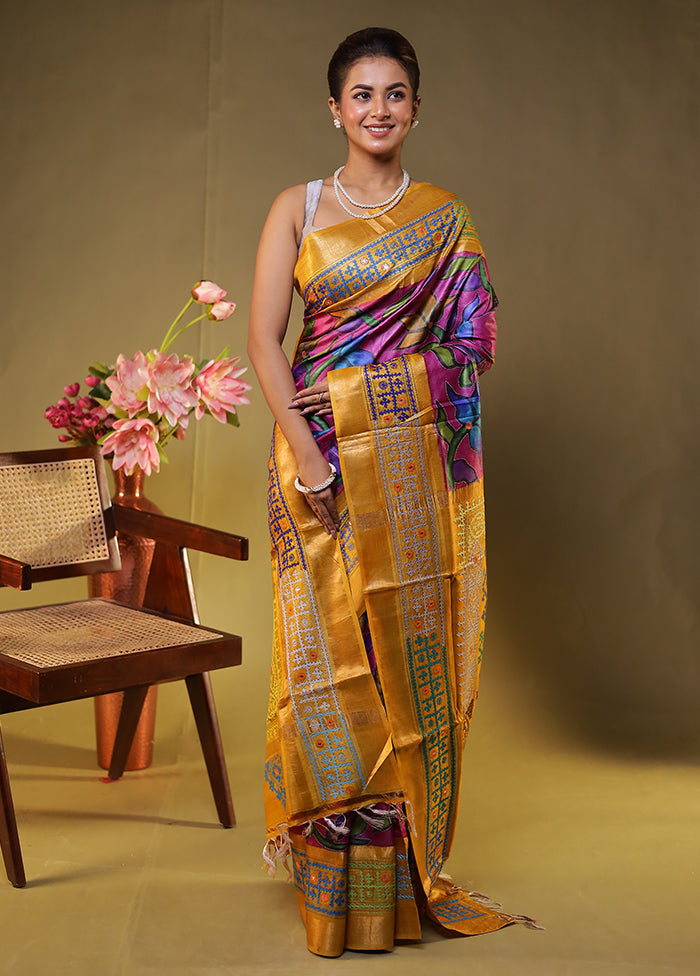 Yellow Handloom Kantha Stitch Pure Silk Saree With Blouse Piece