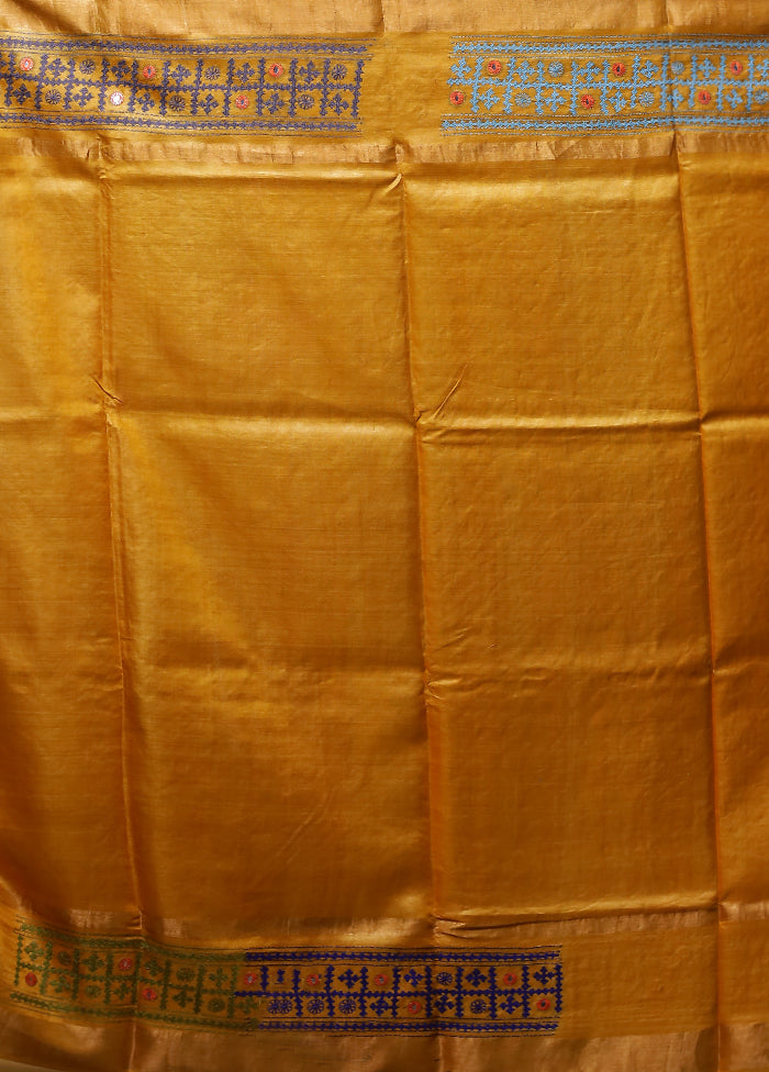 Yellow Handloom Kantha Stitch Pure Silk Saree With Blouse Piece
