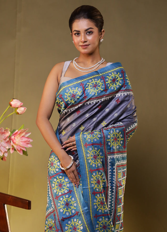 Blue Handloom Kantha Stitch Pure Silk Saree With Blouse Piece
