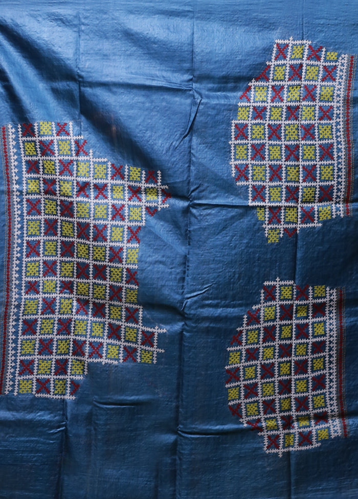 Blue Handloom Kantha Stitch Pure Silk Saree With Blouse Piece