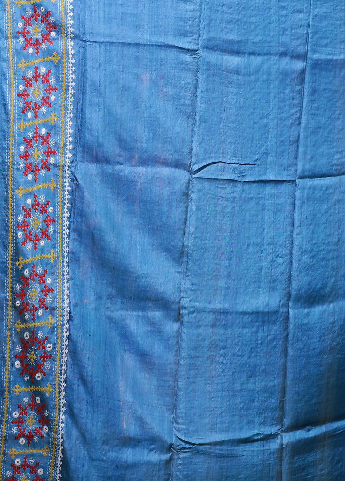 Blue Handloom Kantha Stitch Pure Silk Saree With Blouse Piece