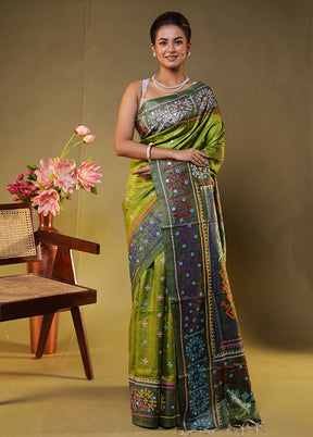 Green Handloom Kantha Stitch Pure Silk Saree With Blouse Piece