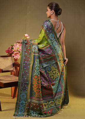 Green Handloom Kantha Stitch Pure Silk Saree With Blouse Piece