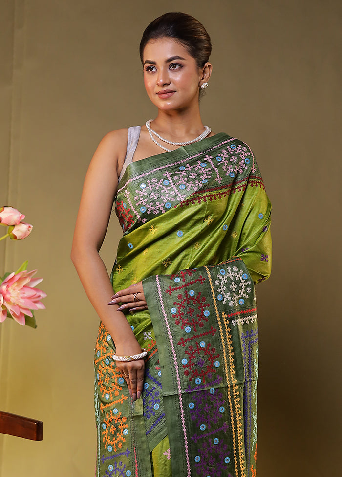 Green Handloom Kantha Stitch Pure Silk Saree With Blouse Piece