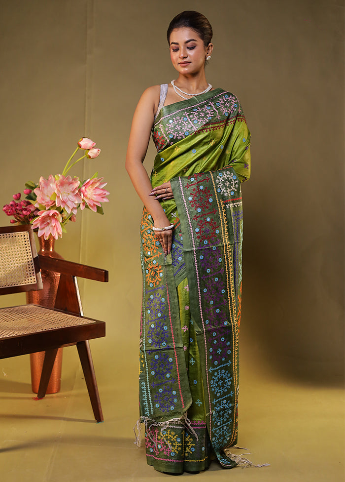 Green Handloom Kantha Stitch Pure Silk Saree With Blouse Piece