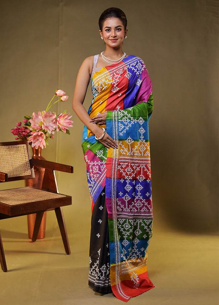 Multicolor Handloom Kantha Stitch Pure Silk Saree With Blouse Piece