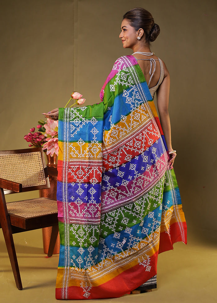 Multicolor Handloom Kantha Stitch Pure Silk Saree With Blouse Piece