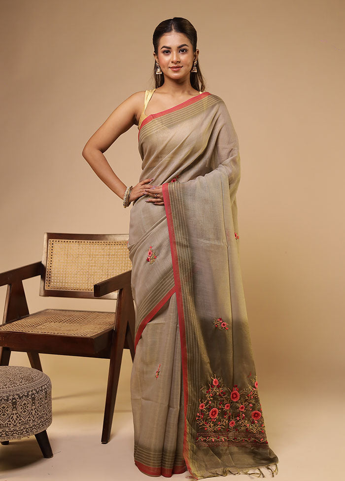 Cream Linen Silk Saree With Blouse Piece