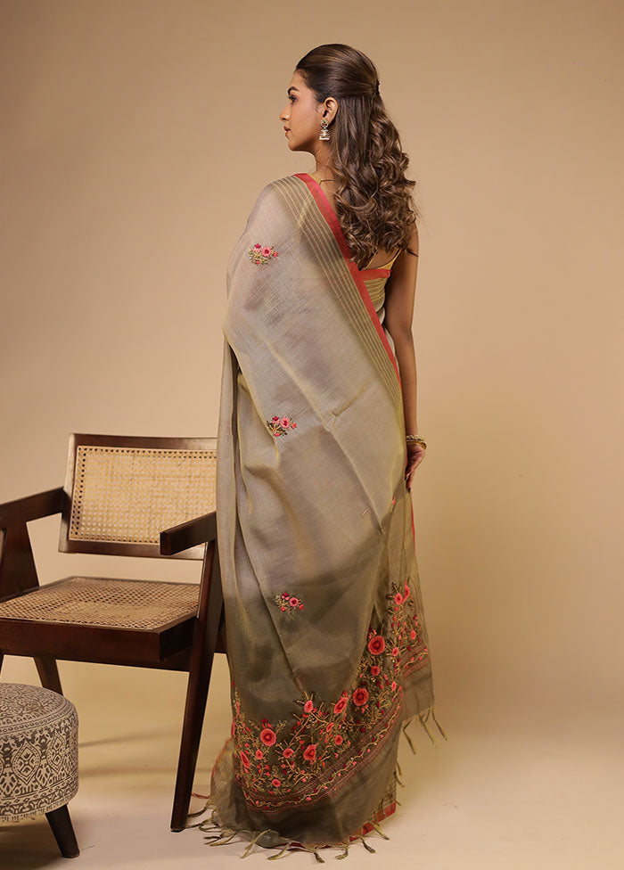 Cream Linen Silk Saree With Blouse Piece