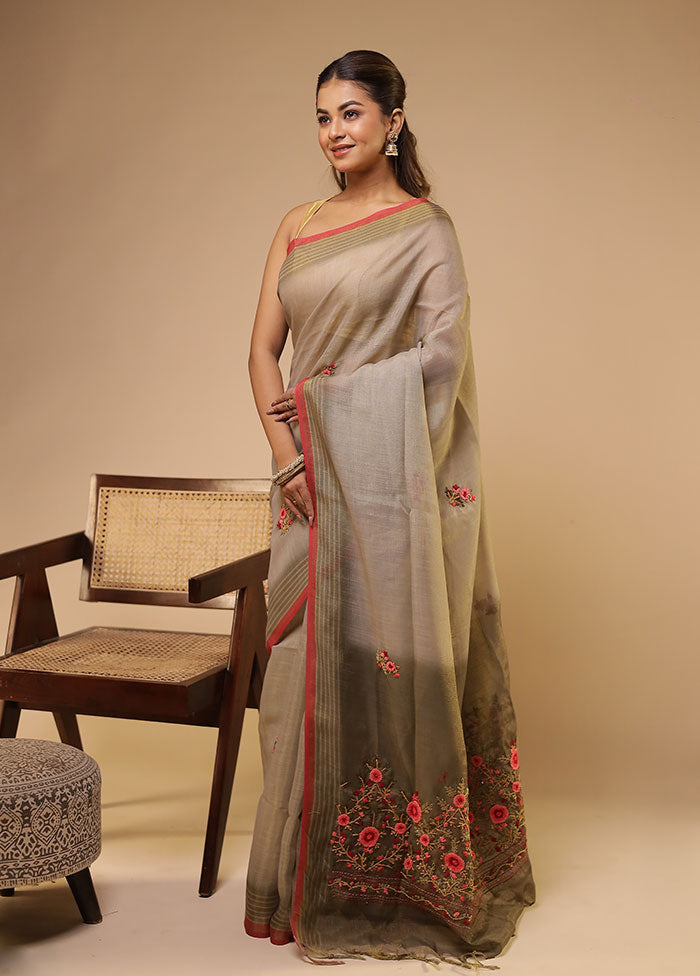 Cream Linen Silk Saree With Blouse Piece