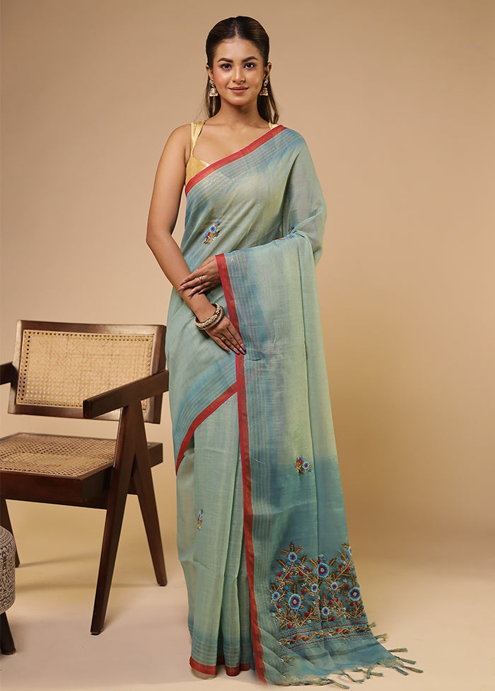 Blue Linen Silk Saree With Blouse Piece
