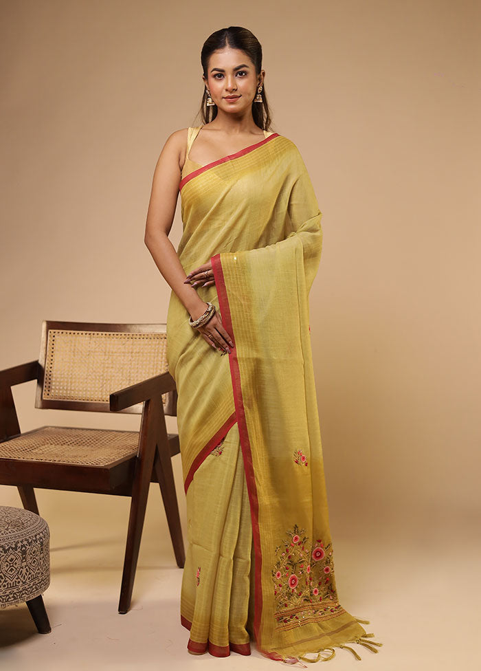 Yellow Linen Silk Saree With Blouse Piece