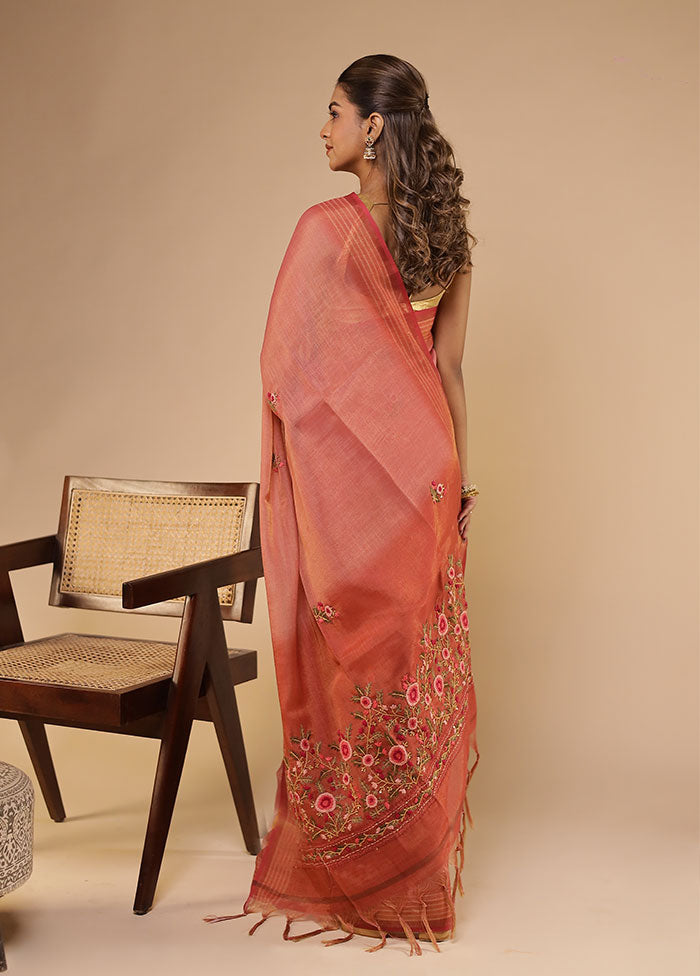 Pink Linen Silk Saree With Blouse Piece