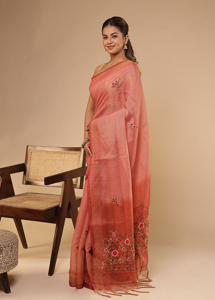 Pink Linen Silk Saree With Blouse Piece