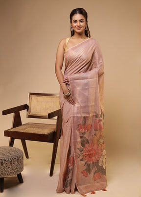 Pink Linen Silk Saree With Blouse Piece