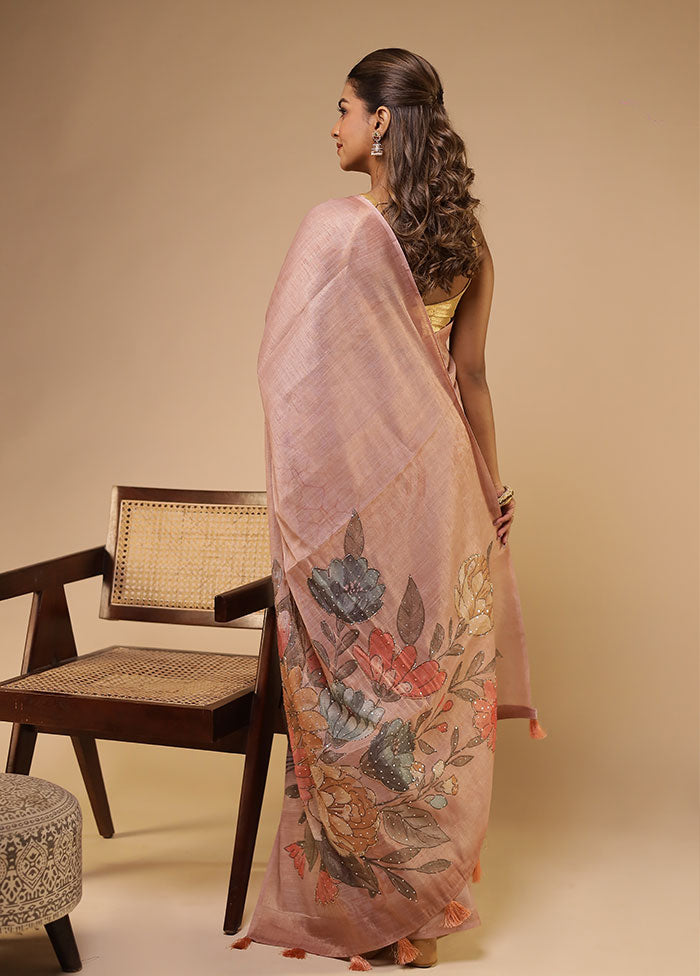 Pink Linen Silk Saree With Blouse Piece