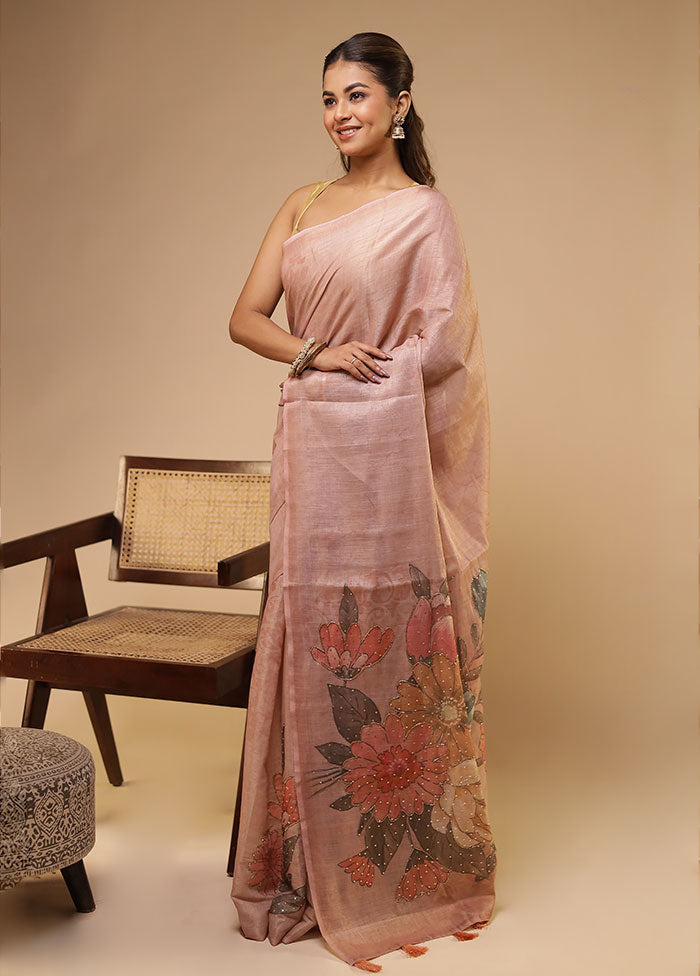 Pink Linen Silk Saree With Blouse Piece