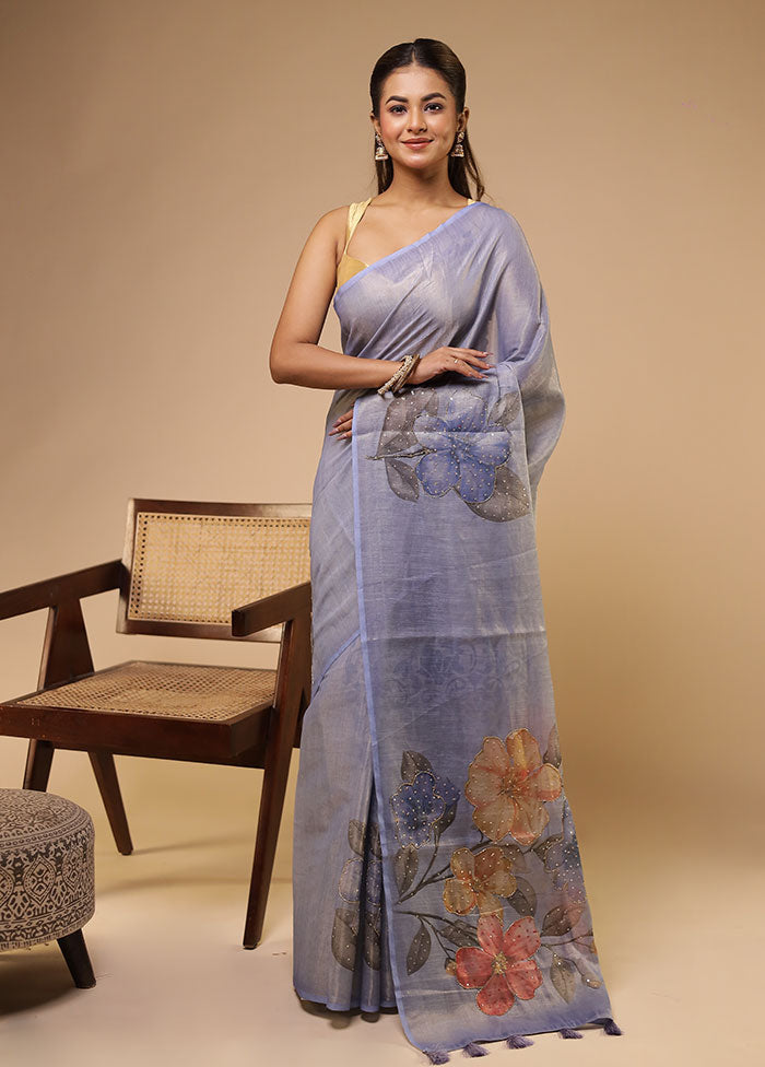 Blue Linen Silk Saree With Blouse Piece