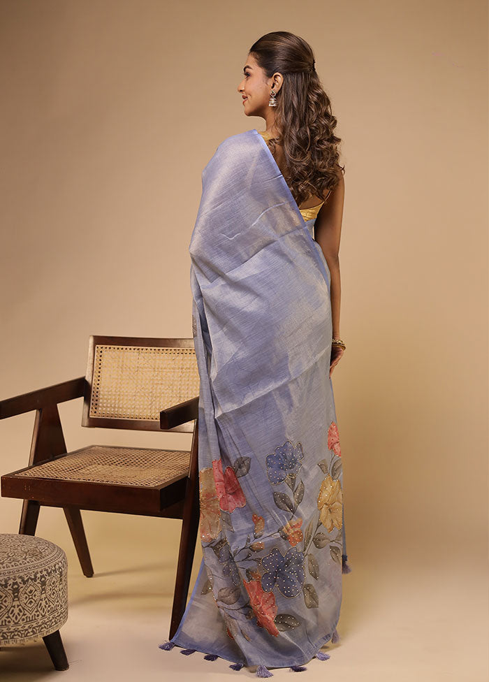 Blue Linen Silk Saree With Blouse Piece