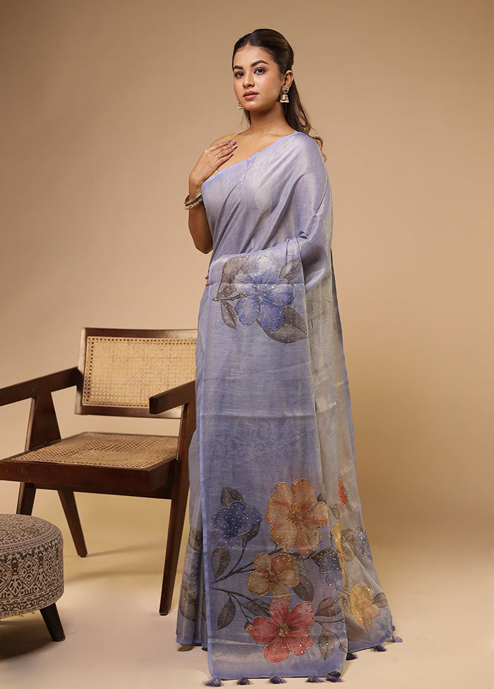 Blue Linen Silk Saree With Blouse Piece