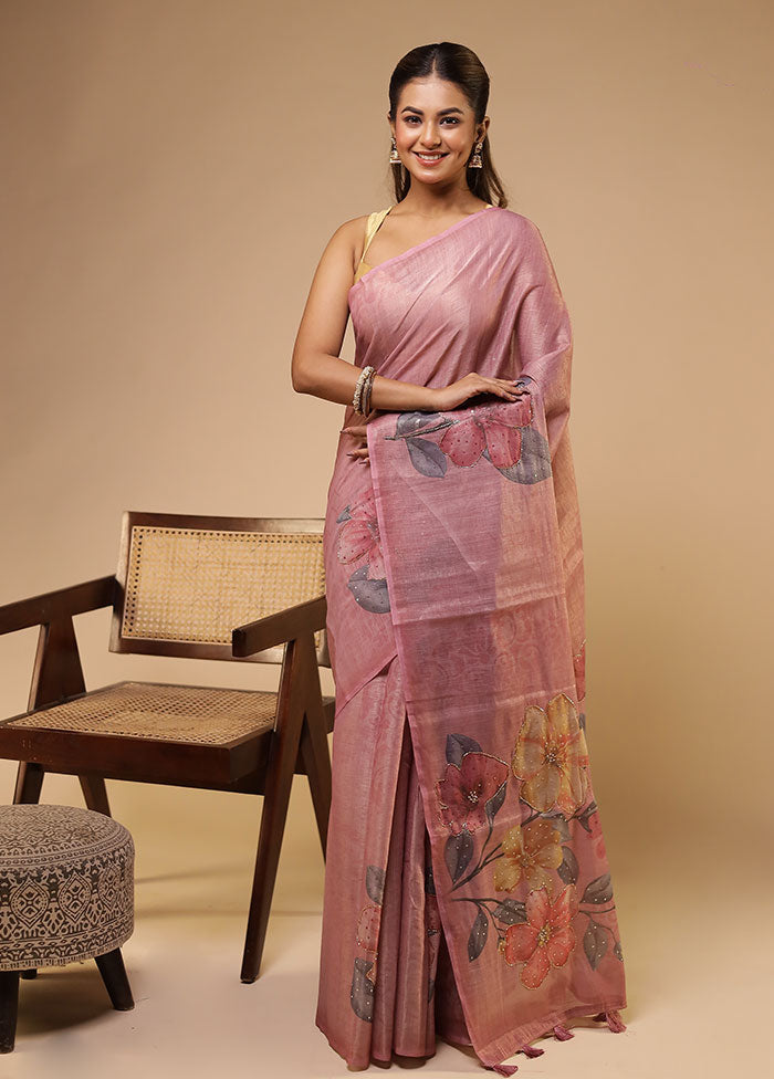 Pink Linen Silk Saree With Blouse Piece
