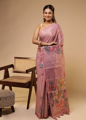 Pink Linen Silk Saree With Blouse Piece