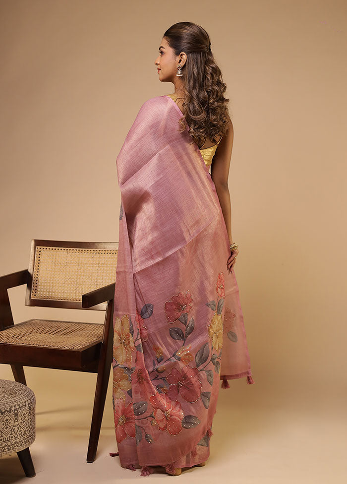 Pink Linen Silk Saree With Blouse Piece