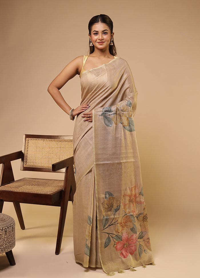 Cream Linen Silk Saree With Blouse Piece