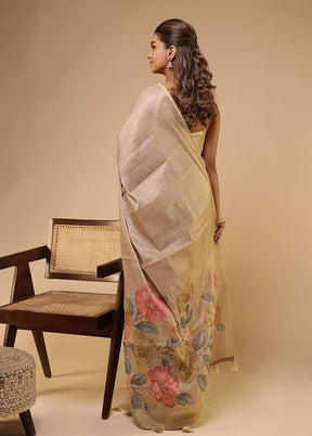 Cream Linen Silk Saree With Blouse Piece