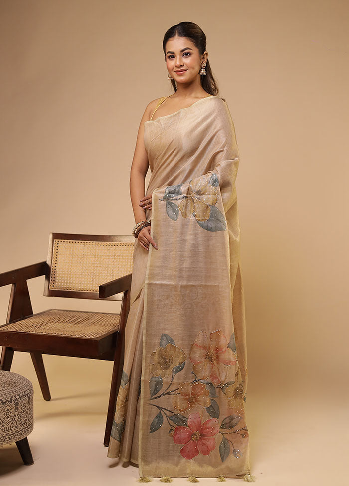 Cream Linen Silk Saree With Blouse Piece