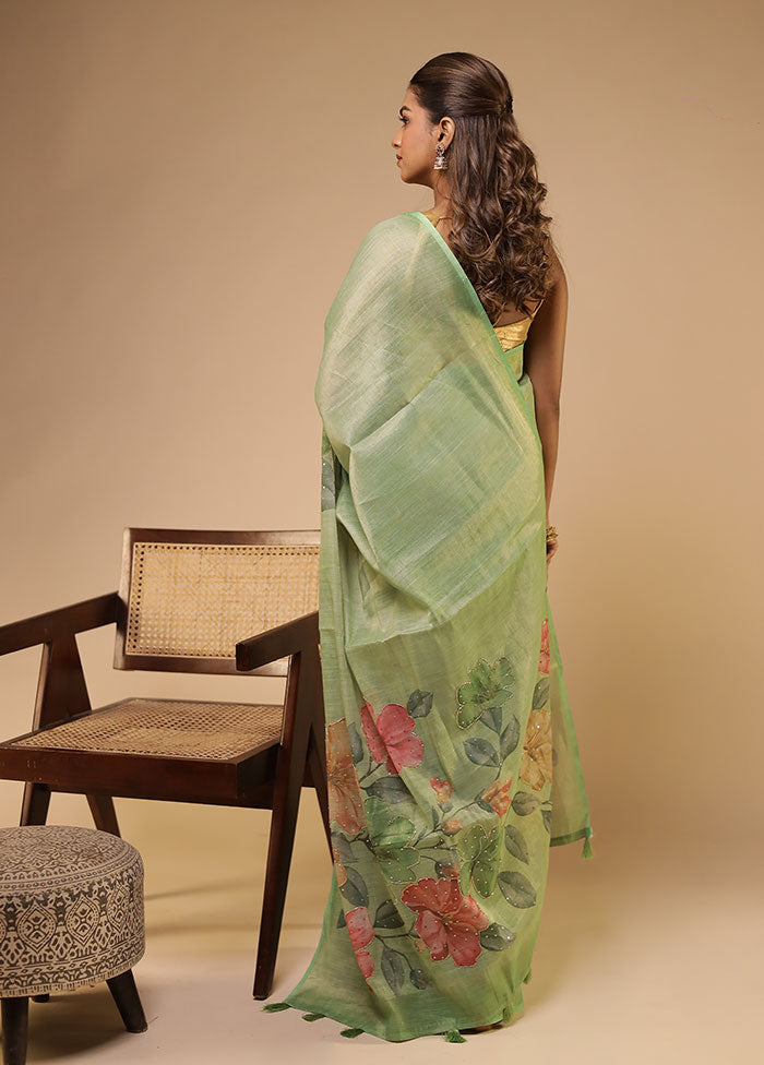 Green Linen Silk Saree With Blouse Piece