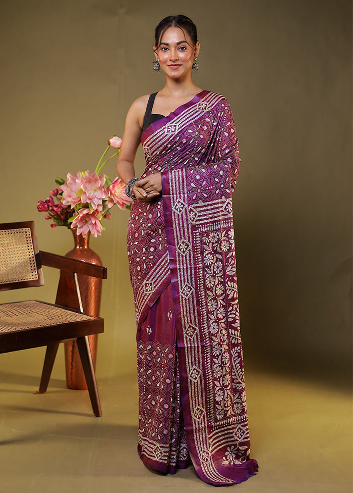 Purple Kantha Stitch Silk Saree With Blouse Piece