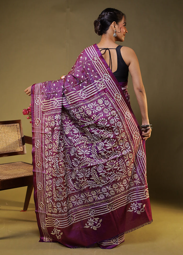Purple Kantha Stitch Silk Saree With Blouse Piece