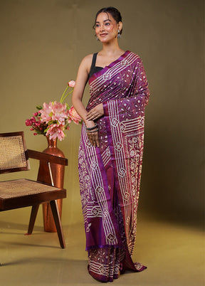 Purple Kantha Stitch Silk Saree With Blouse Piece