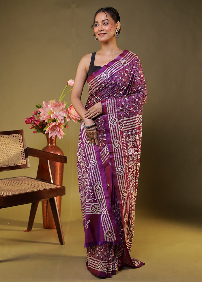 Purple Kantha Stitch Silk Saree With Blouse Piece