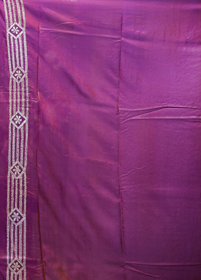 Purple Kantha Stitch Silk Saree With Blouse Piece
