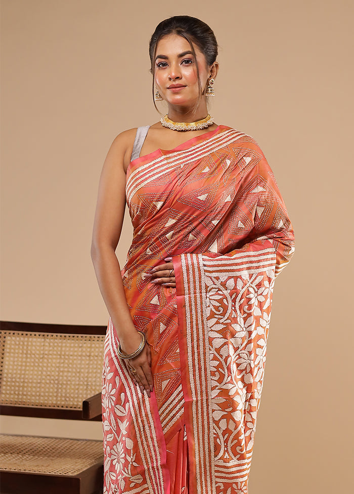 Peach Kantha Stitch Silk Saree With Blouse Piece