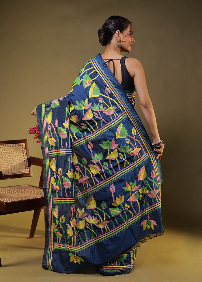 Blue Kantha Stitch Silk Saree With Blouse Piece