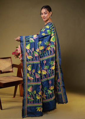 Blue Kantha Stitch Silk Saree With Blouse Piece