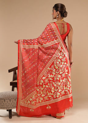 Red Kantha Stitch Silk Saree With Blouse Piece