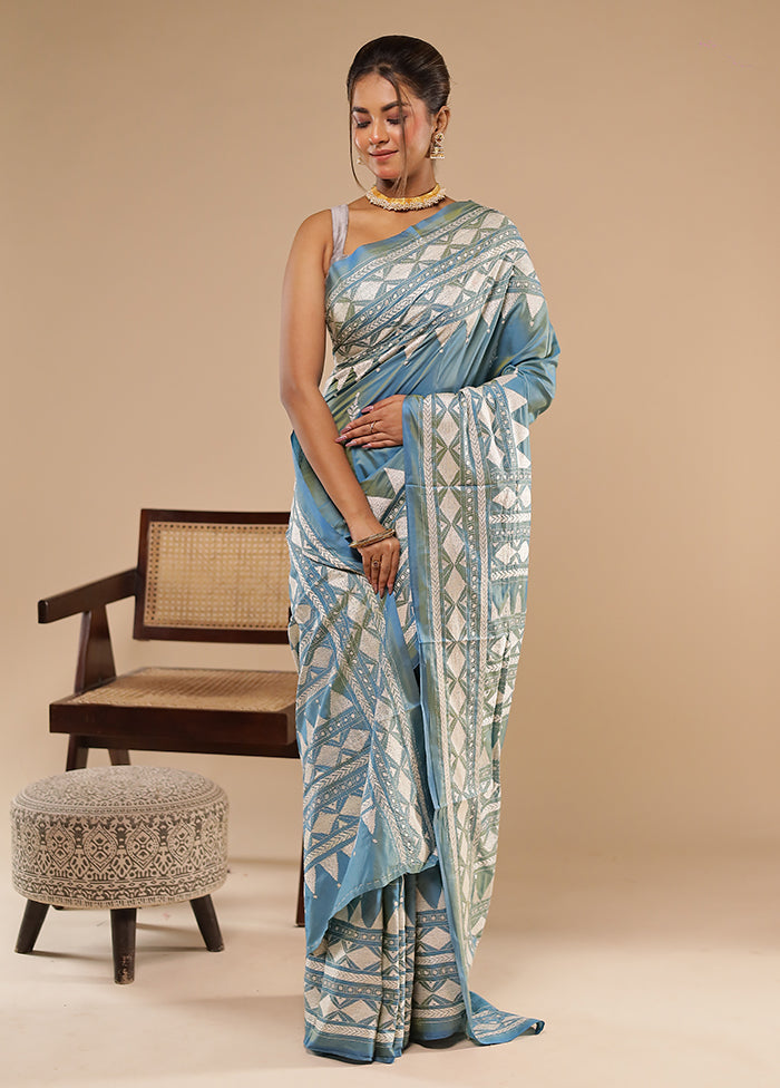 Green Kantha Stitch Silk Saree With Blouse Piece