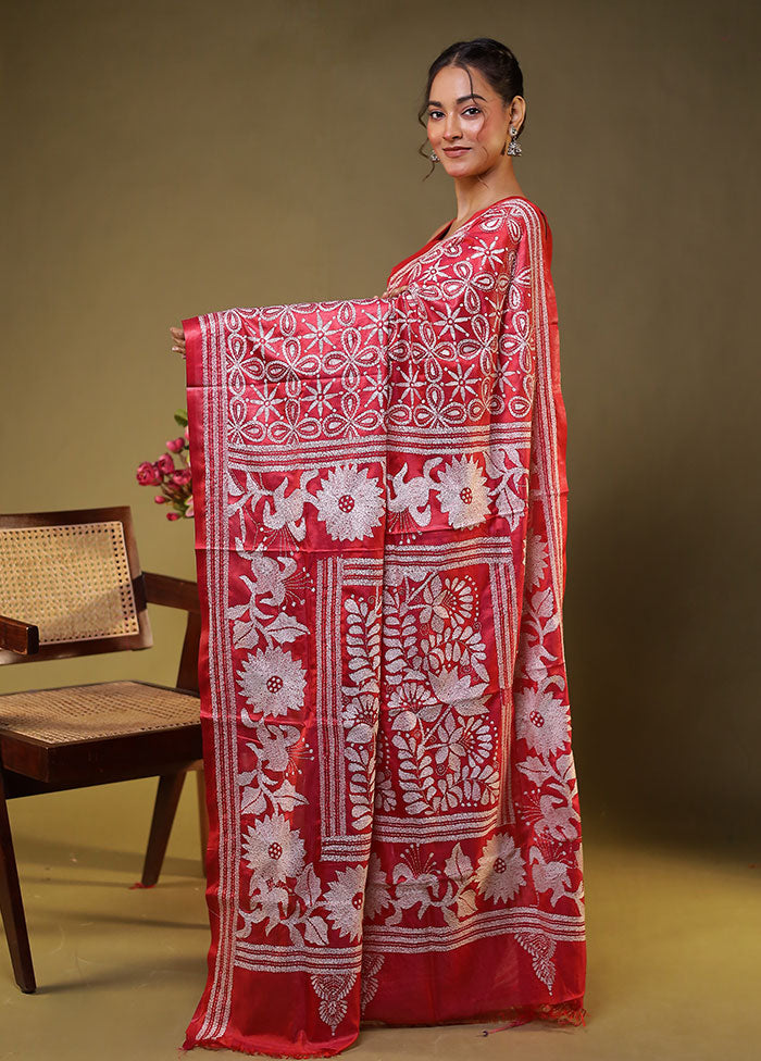 Red Kantha Stitch Silk Saree With Blouse Piece