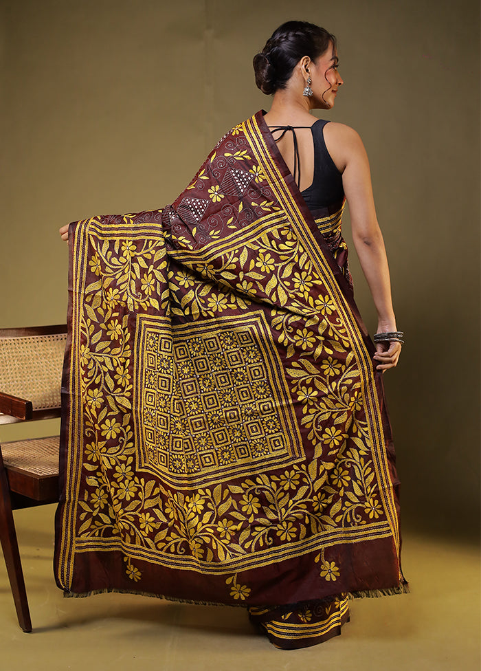 Purple Kantha Stitch Silk Saree With Blouse Piece