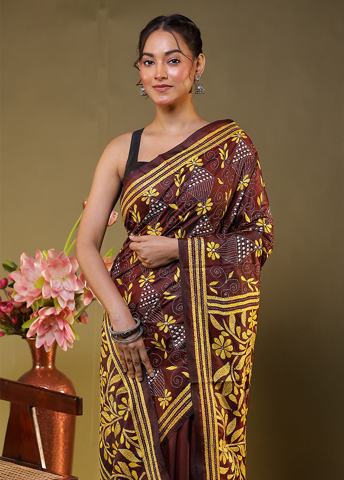 Purple Kantha Stitch Silk Saree With Blouse Piece